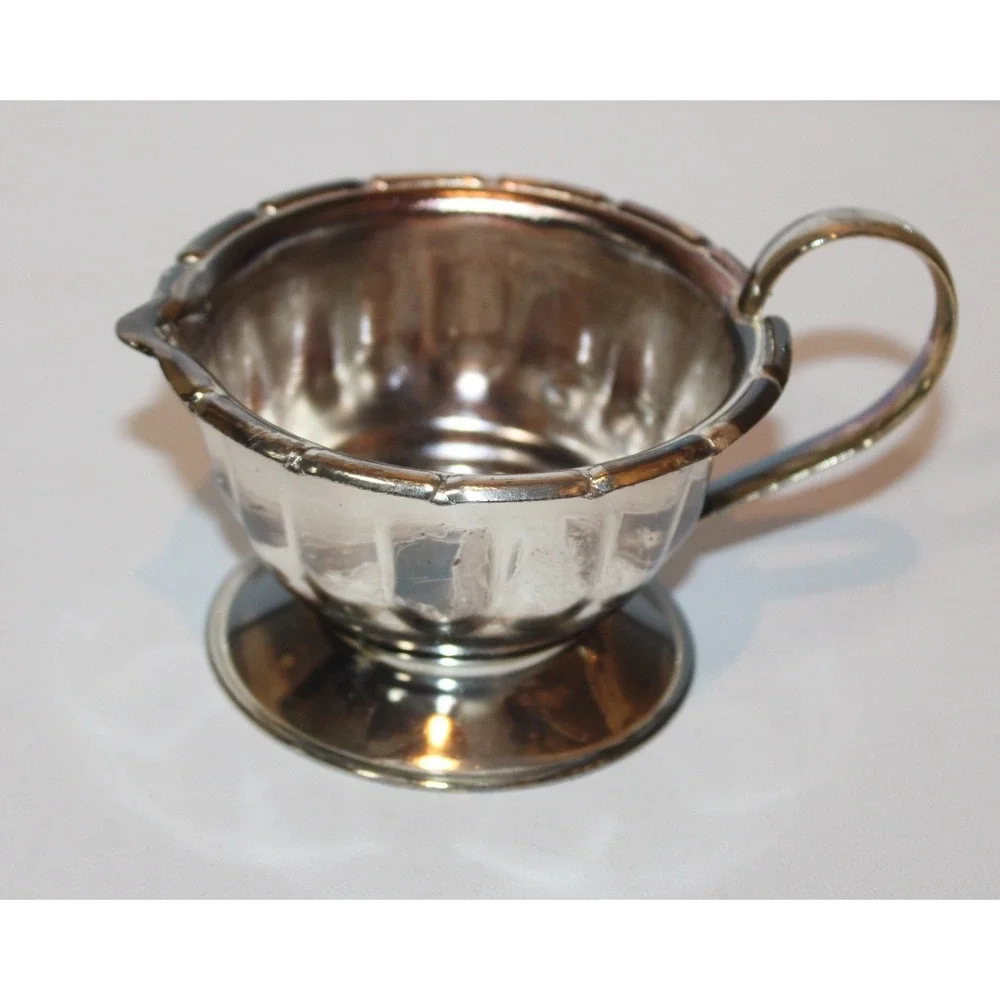 vintage metal cream & sugar bowl set with tray ornate scrollwork 3-pc